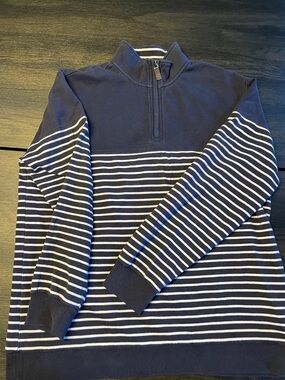 Chaps Navy and White Striped Quarter-Zip Sweater